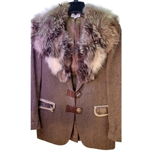 VTG 60s/70s Becca Wool Tweed Jacket Large Brown Coat with Fur Collar - Picture 1 of 9